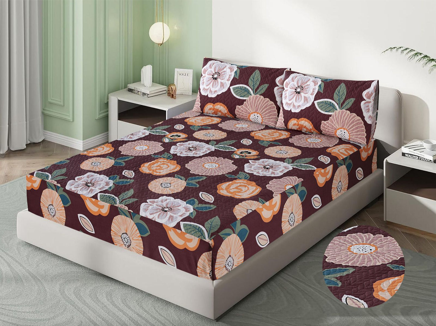 Mat Printed Quilted Ultrasonic 100% Waterproof Mattress Cover For Double Bed Fitted Mattress Protector Anti Sleep Bed Sheet With Pillow Cover ( Maroon Print )
